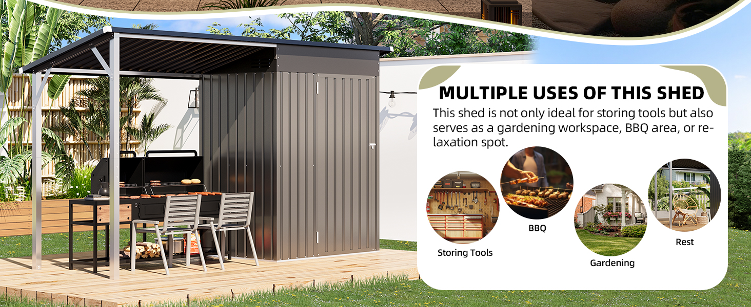 Der Text lautet „MULTIPLE USES OF THIS SHED“, gefolgt von kreisförmigen Bildern, die verschiedene Anwendungen eines modernen grauen Lagerschuppens mit Schiebetüren im Hinterhof zeigen.