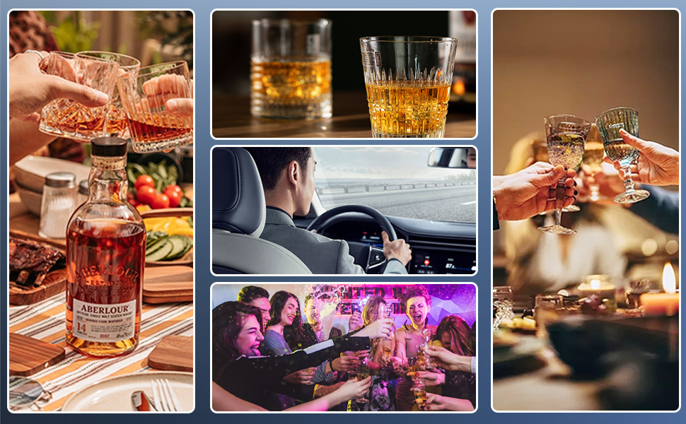 Collage of various nightlife and entertainment scenes showing glasses with drinks, dining settings, and social gatherings in dimly lit environments.