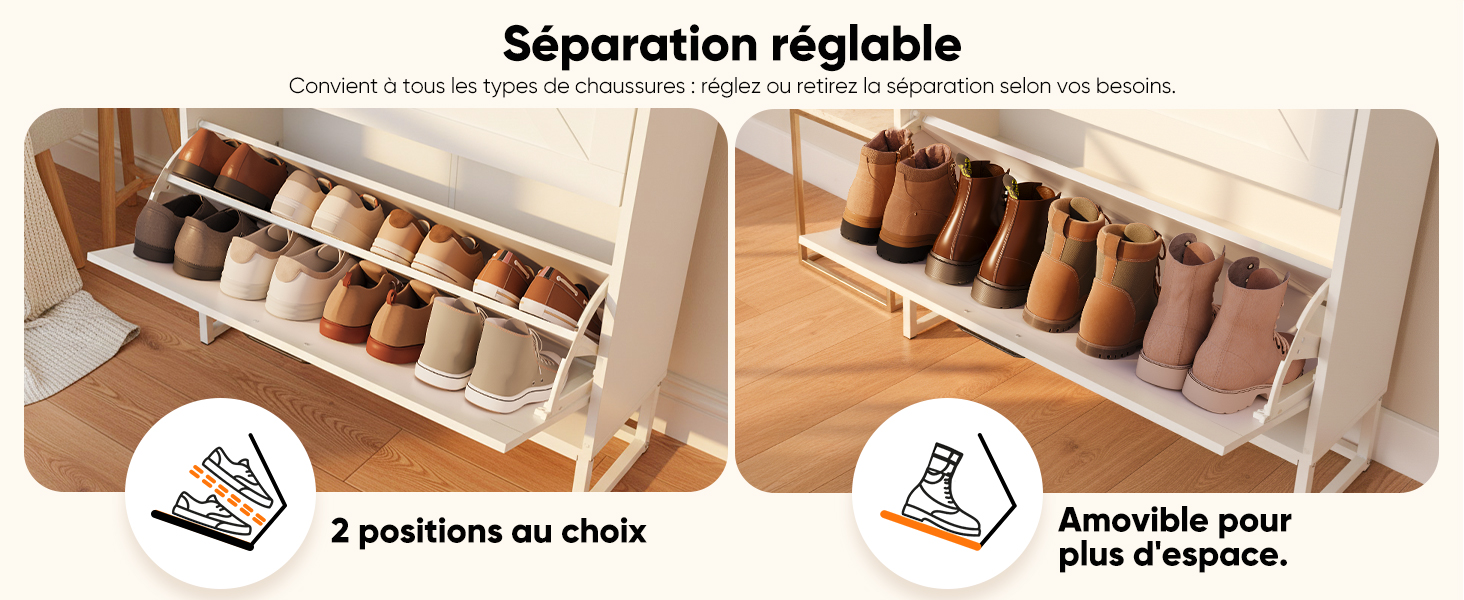 Le texte indique « Séparation réglable », « 2 positions au choix » et « Amovible pour plus d'espace ». Séquence montrant un système de rangement à chaussures ajustable avec de multiples options de configuration.