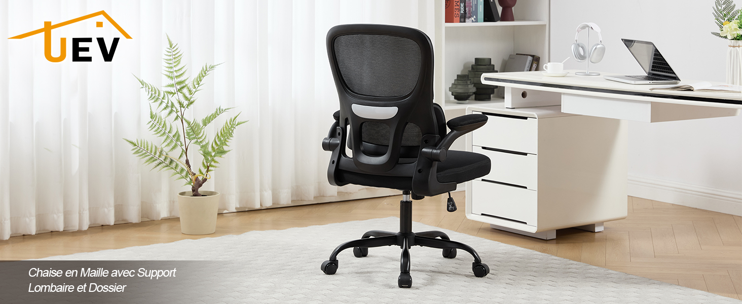 Chaise de bureau noire moderne présentée sous différents angles sur fond blanc, avec un design ergonomique et des caractéristiques réglables.