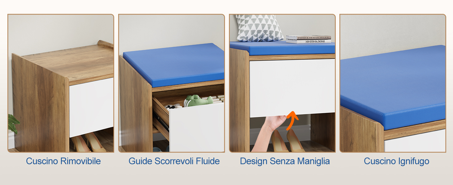 Il testo recita «Cuscino Rimovibile», «Guida Scorrevoli Fluide», «Design Senza Maniglia», «Cuscino Iglùgo». Confronto dei prodotti in quattro pannelli che mostra le basi dei letti in legno con diverse configurazioni di materassi e caratteristiche.