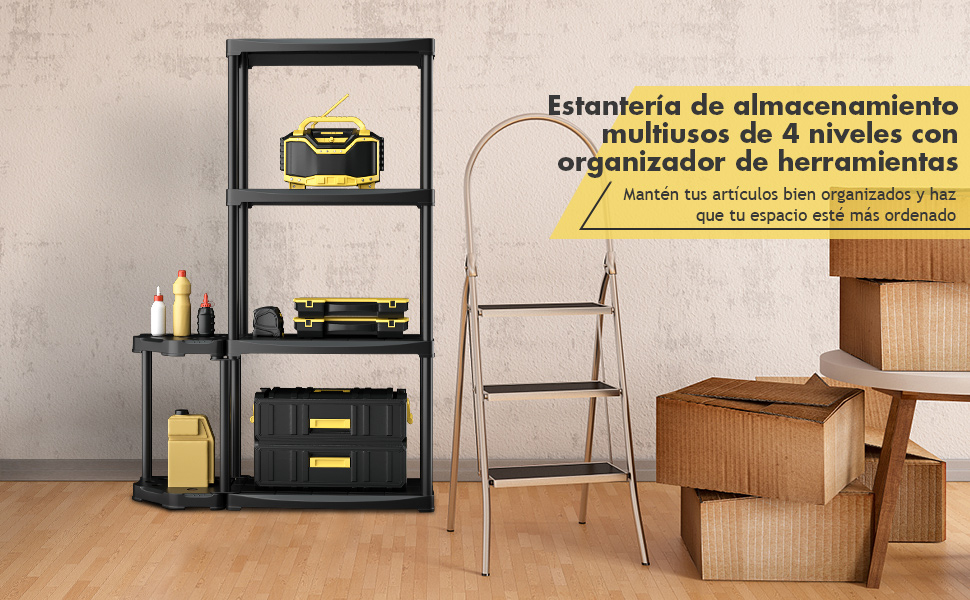  Estantería de Garaje de 4 Niveles con Organizador de Herramientas