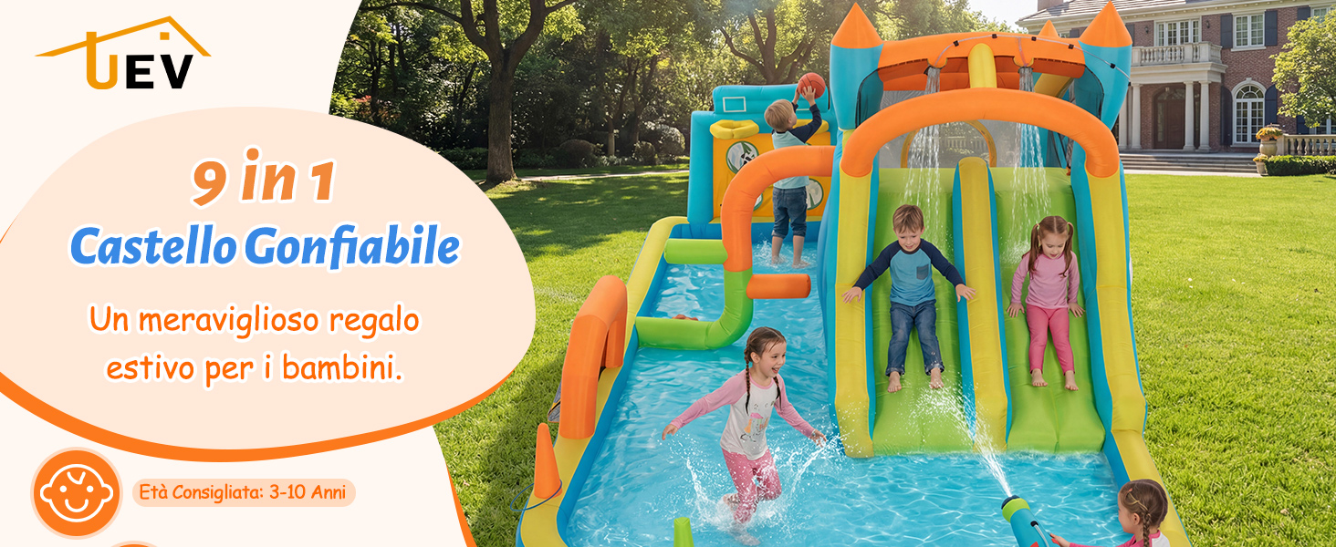 Il testo recita «9 in 1 Castello Gonfiabile» e «Un meraviglioso regalo». Castello gonfiabile colorato con giochi d'acqua e scivoli in ambiente esterno.