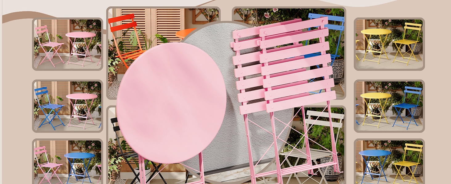 Série d'illustrations montrant des chaises ou tabourets pliants noirs et blancs sous différents angles.