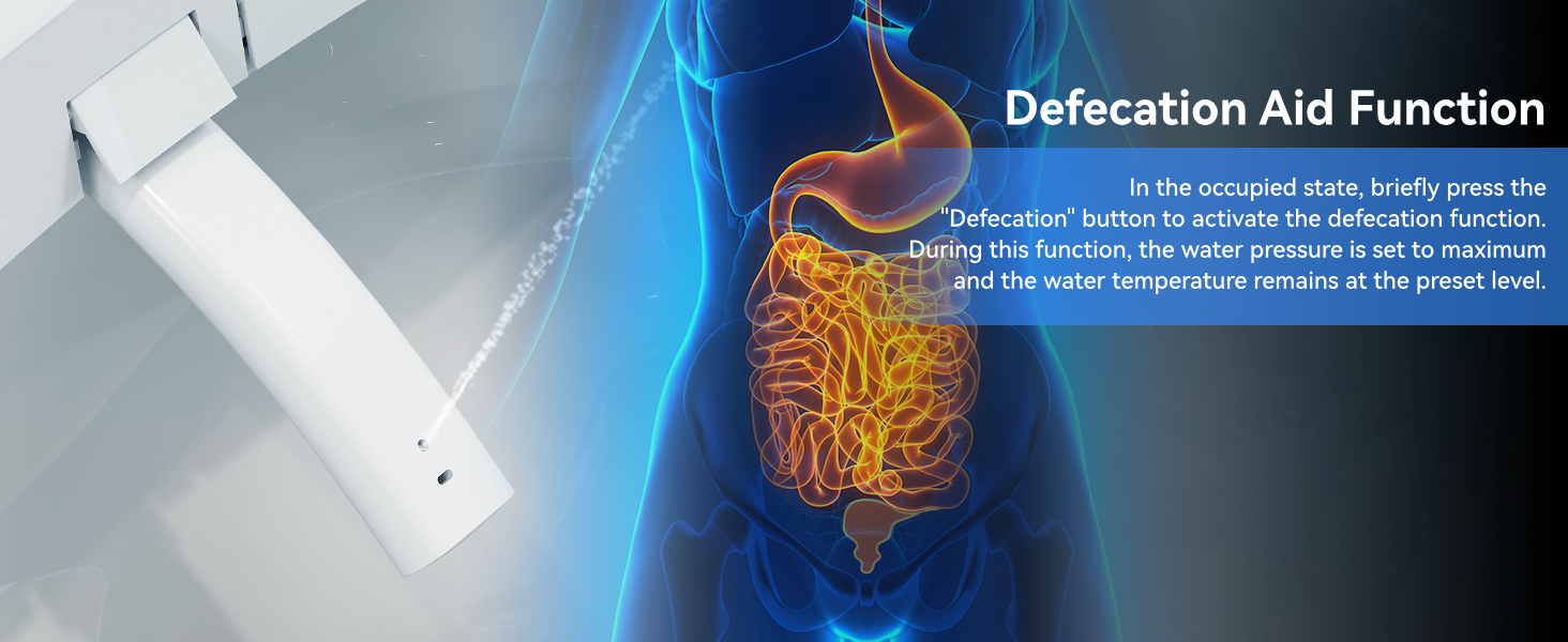 Text reads 'Defecation Aid Function'. Medical illustration showing digestive system with highlighted intestinal area in orange against blue background.