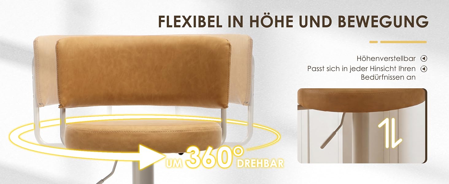 Der Text lautet „FLEXIBEL IN HÖHE UND BEWEGUNG“. Zwei Möbelstücke aus Holz — ein hellbrauner Polsterstuhl und ein passender Beistelltisch — zeichnen sich durch eine höhenverstellbare und flexible Positionierung mit Umgebungsbeleuchtung aus.