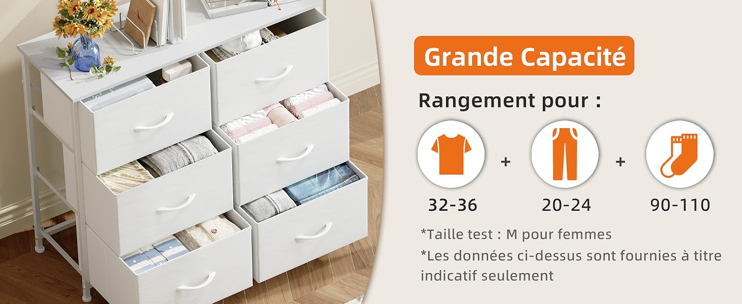 Le texte indique « Grande Capacité » et « Rangement pour : » avec des icônes indiquant « 32-36 », « 20-24 » et « 10-12 ». Meuble de rangement en plastique blanc à plusieurs tiroirs affiché sur le bureau.