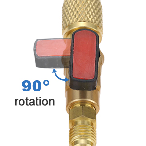 Gold-colored valve or connector with red handle showing 90-degree rotation capability, featuring textured grip pattern and threaded end.