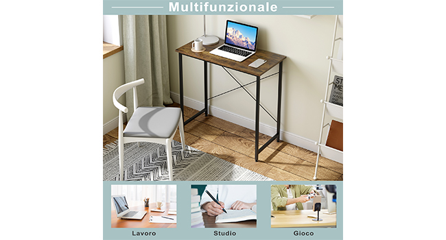 Scrivania compatta in legno con struttura in metallo, mostrata negli scenari d'uso: spazio di lavoro per laptop, superficie di scrittura e display per piante. Versatile per l'home office o per piccoli spazi