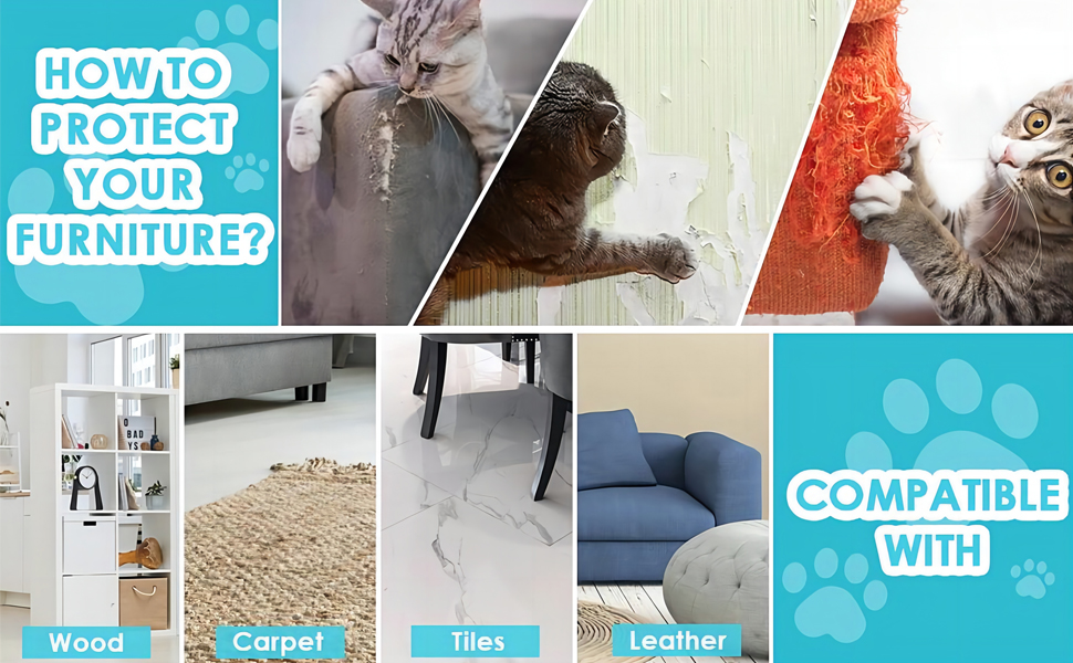 Sobre la protección de muebles, se muestran gatos arañando diversas superficies.