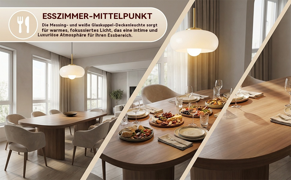 Der Text lautet „ESSZIMMER-MITTELPUNKT“. Modernes Esszimmerinterieur mit Holztisch, Pendelleuchten und für eine Mahlzeit arrangierten Gedecke.
