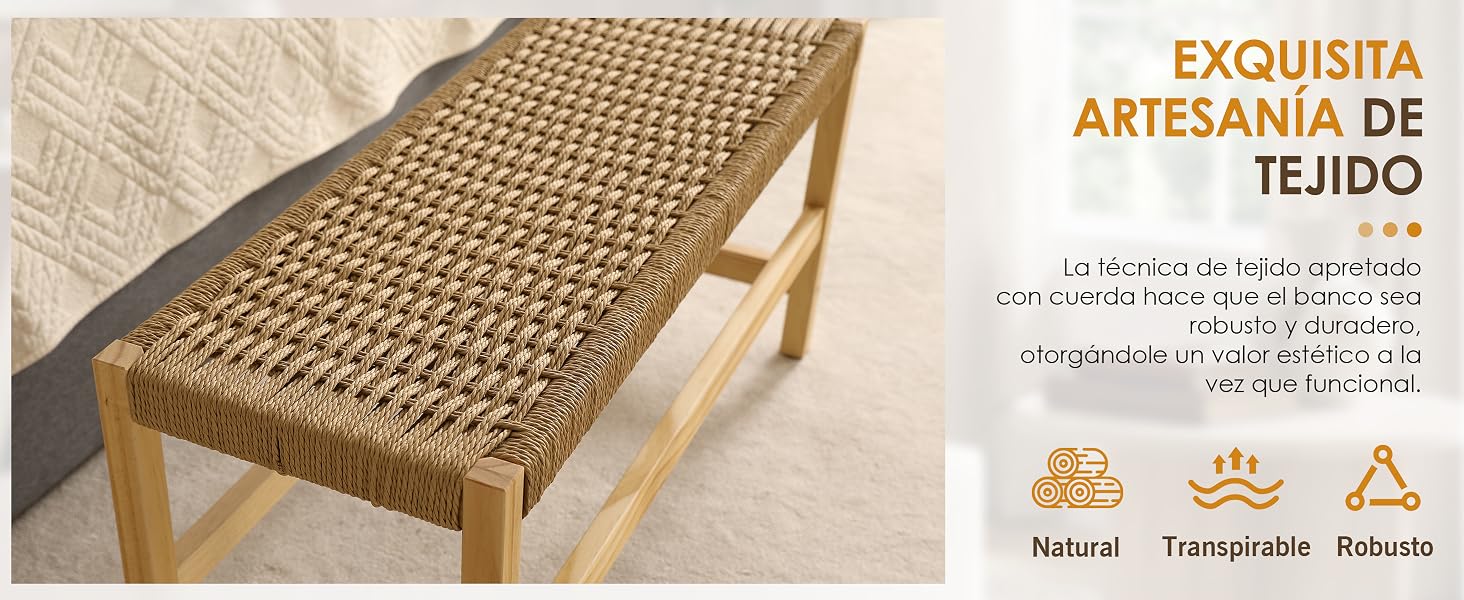 El texto dice «EXQUISITA ARTESANIA DE TEJIDO». Muestra un banco de madera con asiento tejido. Los iconos indican propiedades «naturales, transpirables y robustas».