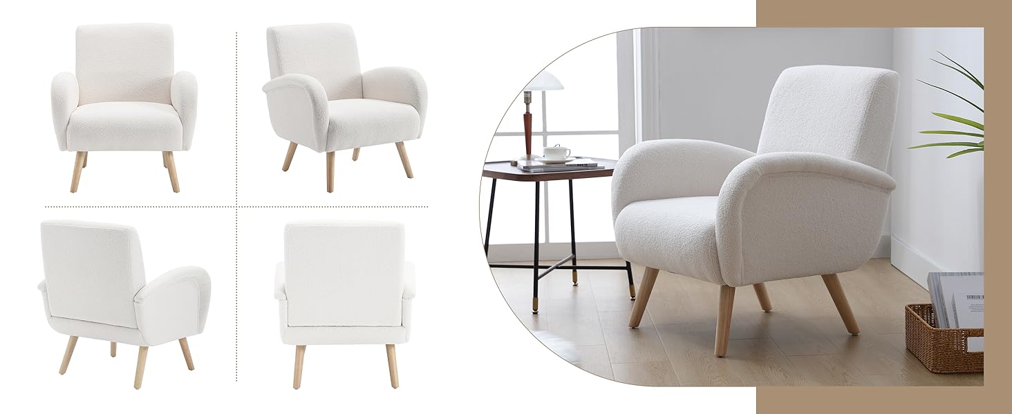 White upholstered armchair with wooden legs.