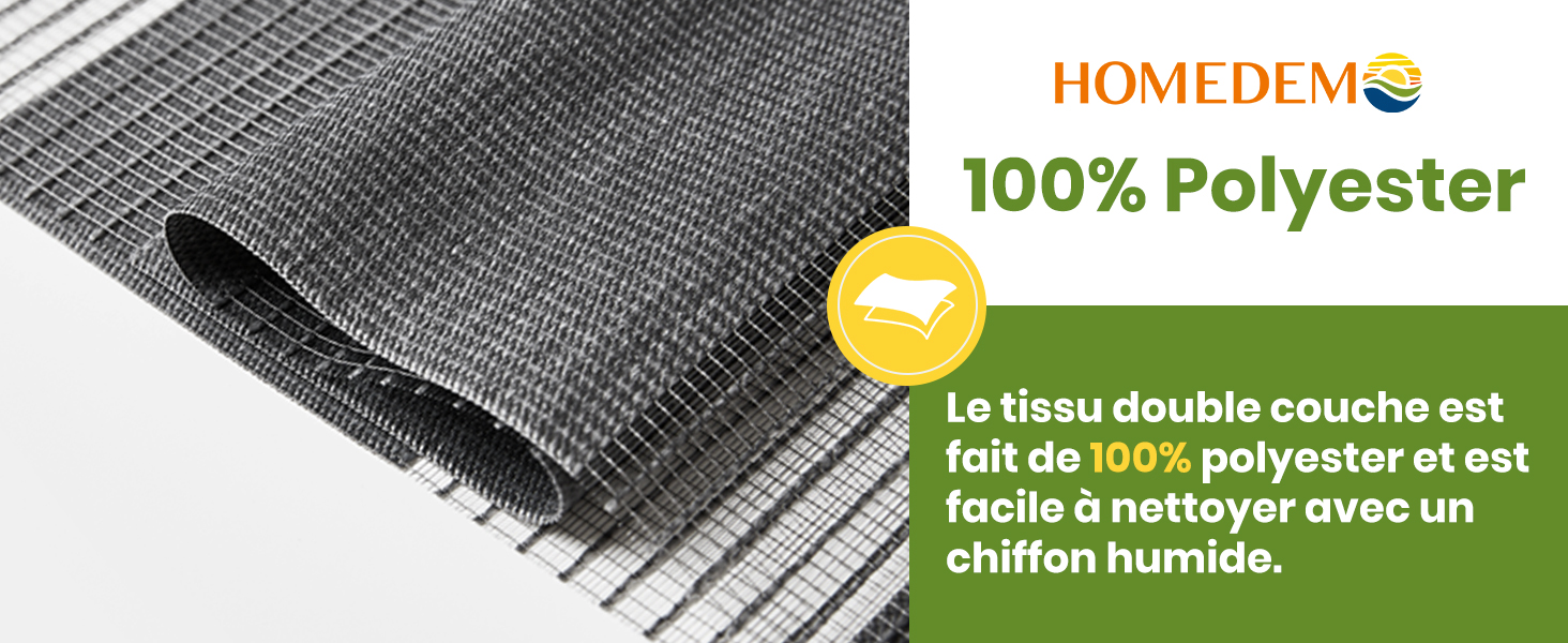 Gros plan d'un tissu texturé gris. Le texte indique qu'il s'agit d'un matériau 100 % polyester de Homedemo, conçu pour un nettoyage facile avec un chiffon humide.