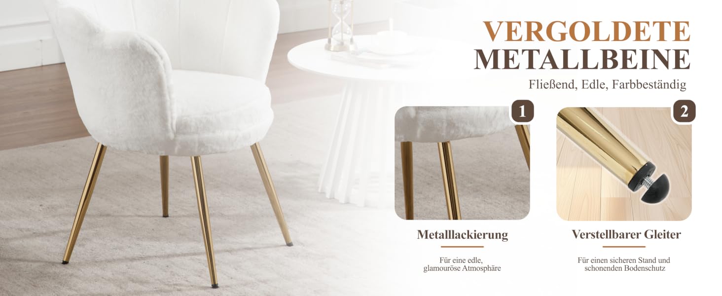 Der Text lautet „VERGOLDETE METALLBEINE“. Mehrere Produktaufnahmen von weißen Stühlen mit vergoldeten Metallbeinen aus verschiedenen Blickwinkeln, die Designdetails zeigen.