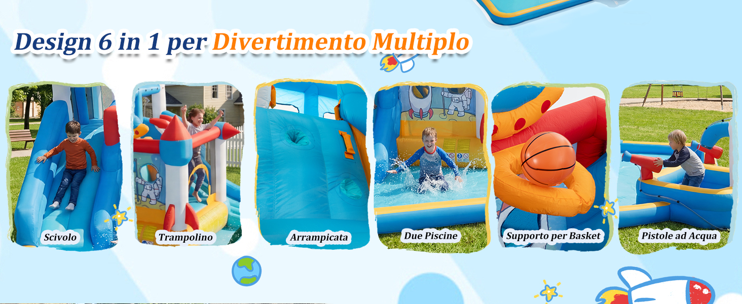 Il testo dice 'Image 4', 'Design 6 in 1 per Divertimento Multiplo'. Serie di icone illustrate che mostrano varie attività all'aperto e scenari di giochi d'acqua.