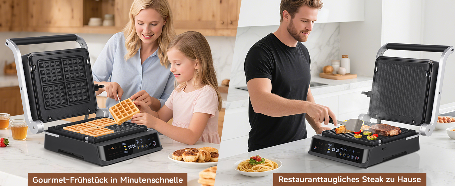 Der Text lautet: „Kompakt-Klappgrill in Mehrausführung“, „Rostplattengröße bis 35cm in Höhe“. Geteiltes Bild, das zeigt, wie ein Waffeleisen in der Küche verwendet wird.