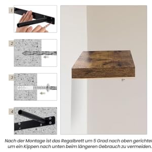 Installation instructions for a floating wooden shelf, showing mounting bracket assembly and a 5-degree upward angle requirement. Final product is a rustic brown wooden shelf.