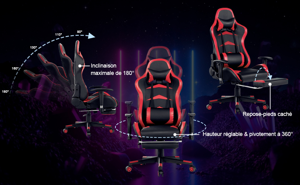 Chaise De Gaming Ergonomique – Dossier Inclinable 135°, Repose-pieds Rétractable – Tissu Velours, Support 150 Kg – Rouge - 6