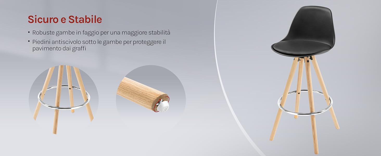 Sgabello da bar moderno con seduta nera e gambe in legno. I componenti mostrati includono la base della sedia, il cuscino del sedile e lo sgabello assemblato. Il testo indica un design sicuro e stabile