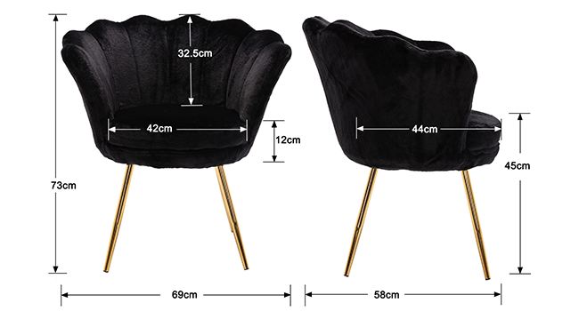 Sessel aus schwarzem Samt mit gewellter Rückenlehne und goldenen Beinen. Die Vorderansicht und die Seitenansicht zeigen Abmessungen: 73 cm hoch, 69 cm breit, 58 cm tief, mit 42 cm Sitzbreite und 45 cm Sitzhöhe