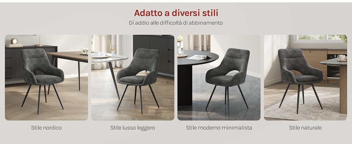 Il testo recita «Añadir a favoritos sillas» con quattro sedie imbottite mostrate in diversi colori e stili: opzioni di tessuto nero, grigio e marrone chiaro visualizzate in varie impostazioni della stanza.