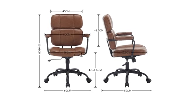 Brown office chair with dimensional specifications shown from front and side views, featuring padded armrests and adjustable height.