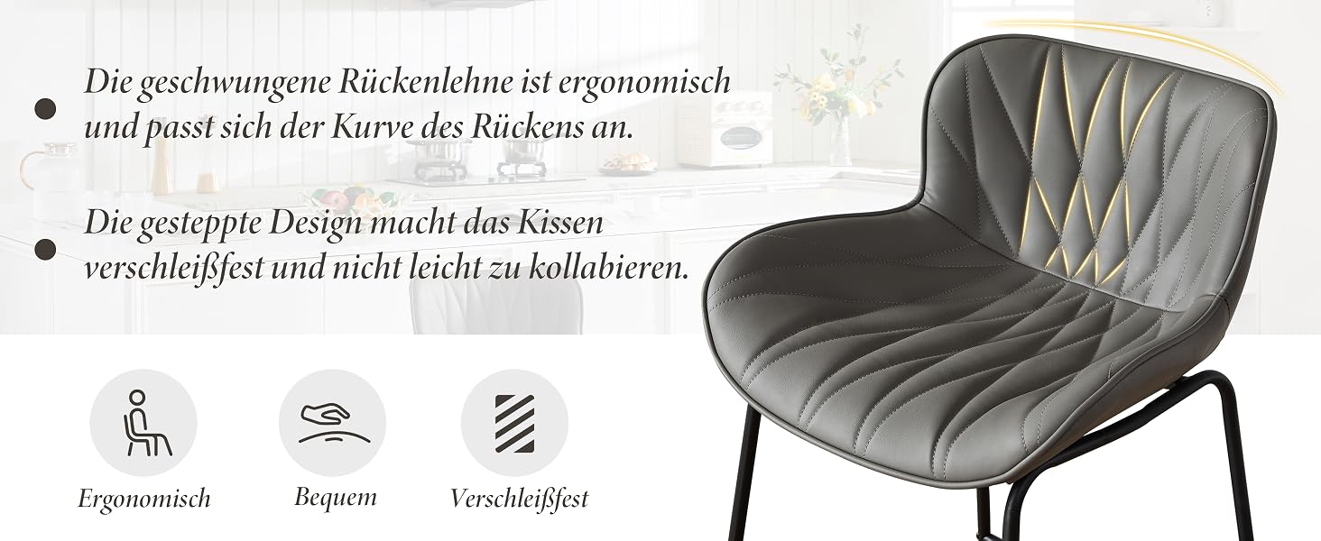 Moderner grauer gepolsterter Stuhl mit getufteten Polstern und Metallbeinen. Drei Symbole unten zeigen die Produktmerkmale im Zusammenhang mit den Konstruktionsspezifikationen.