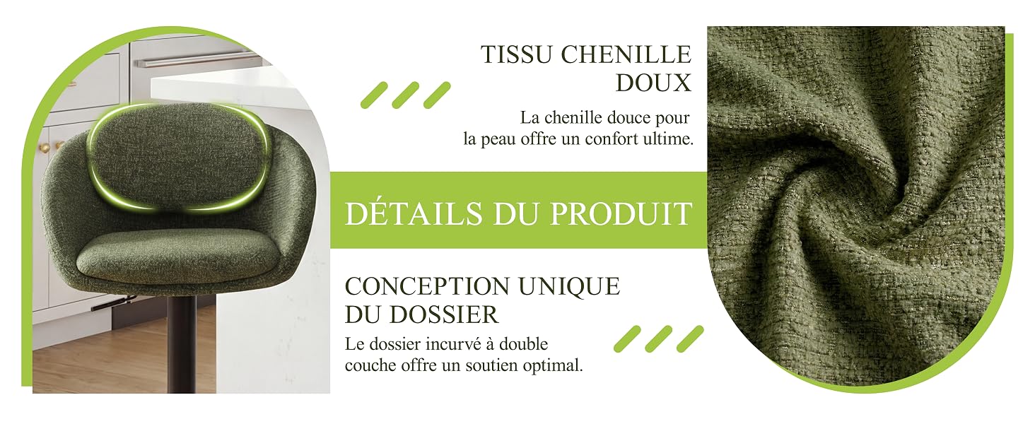 Le texte indique « TISSU CHENILLE DOUX », « DÉTAILS DU PRODUIT », « CONCEPTION UNIQUE ». Vue rapprochée de la texture du tissu chenille vert olive et des éléments de design de la chaise.