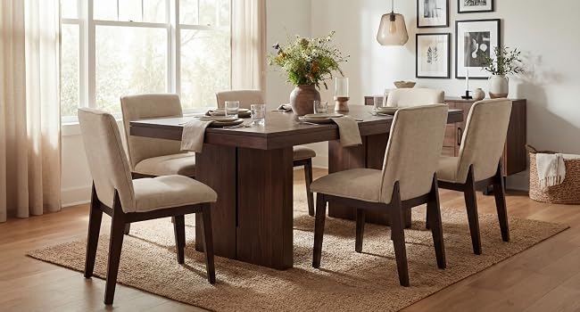 Modern dining room interior featuring a long wooden table with multiple chairs, pendant lighting, and framed artwork on the walls.