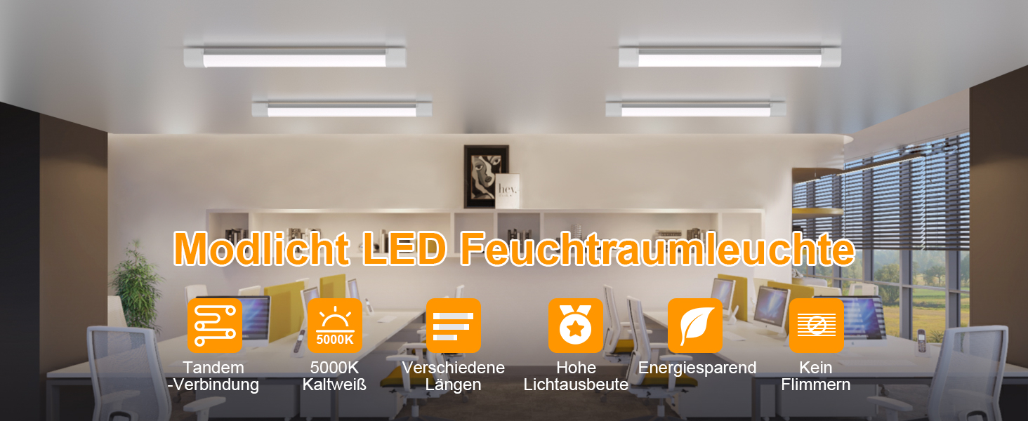 LED-Leuchte, feuchtigkeitsbeständig, für Räume. Zu den Merkmalen gehören gleichmäßige Beleuchtung, Energieeffizienz, lange Lebensdauer, hohe Lichtleistung, Feuerbeständigkeit