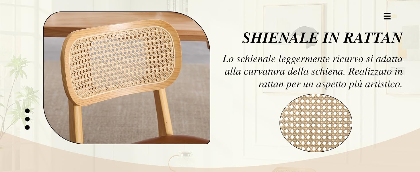 Il testo dice «SHIENALE IN RATTAN». Immagine ravvicinata del dettaglio dello schienale della sedia in rattan che mostra il motivo a canna intrecciata.