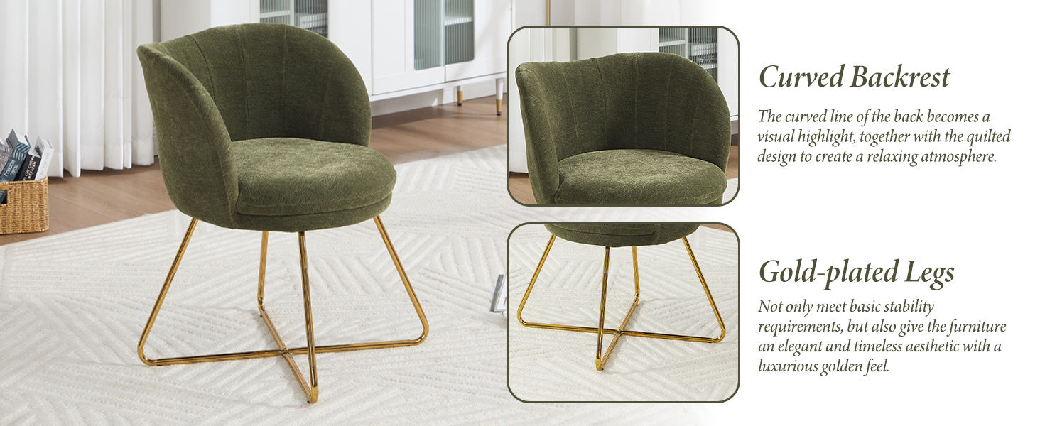 Text reads 'Curved Backrest', 'Gold plated legs'. Modern accent chair with curved green velvet upholstery and gold-toned metal base shown from multiple angles.
