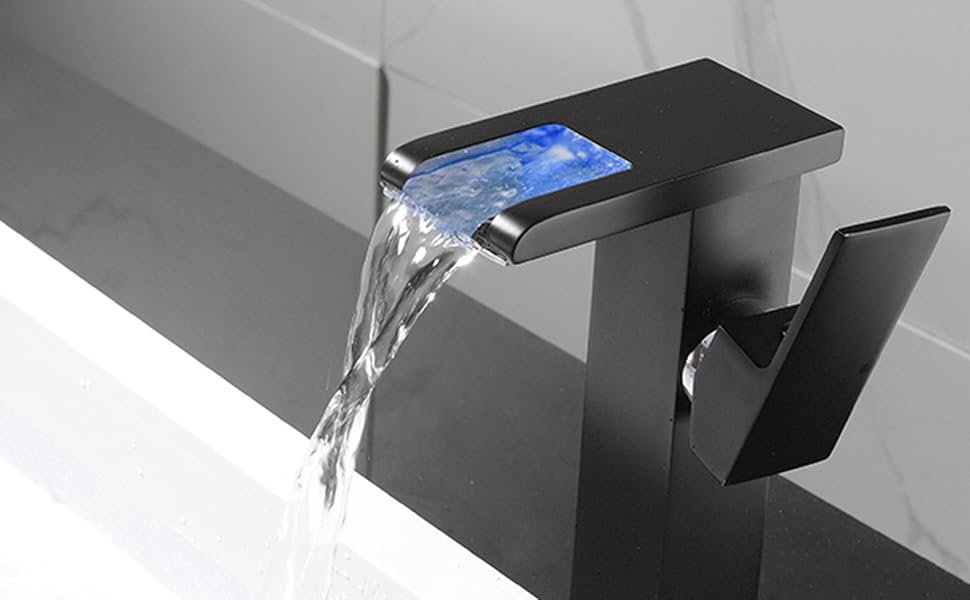 Robinet de lavabo Airuida, noir mat, haut, cascade, poignée unique, montage sur plan, un trou