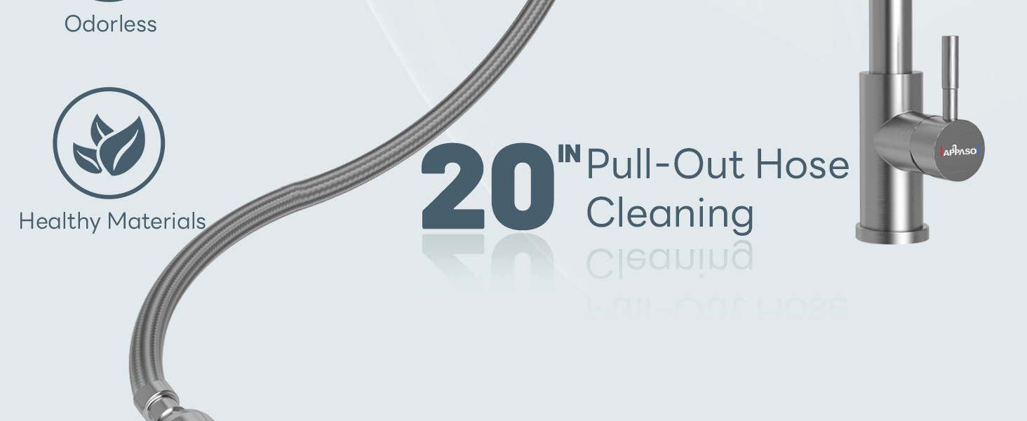 Kitchen faucet feature showing 20-inch pull-out hose cleaning capability with stainless steel finish and healthy materials icon.