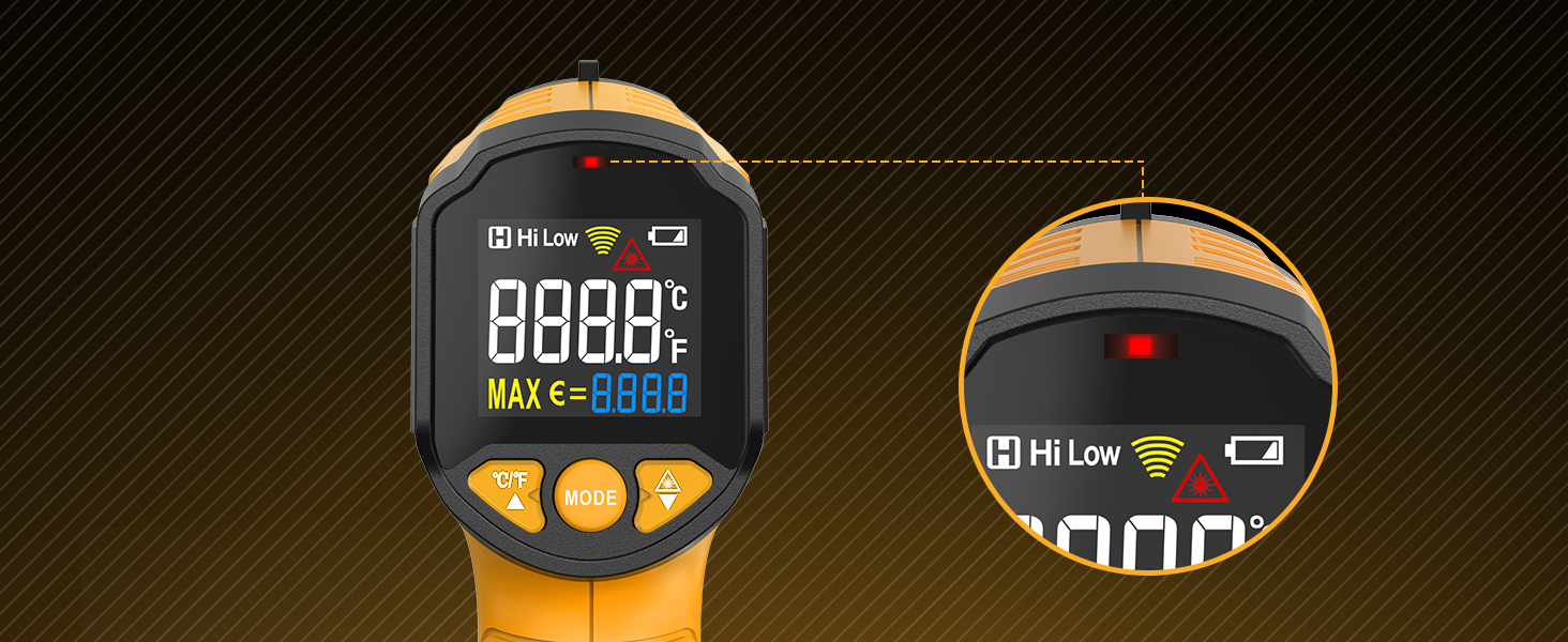 Medidor digital de temperatura con pantalla LCD que muestra lecturas numéricas y botones de control amarillos. Primer plano de la interfaz de pantalla circular.