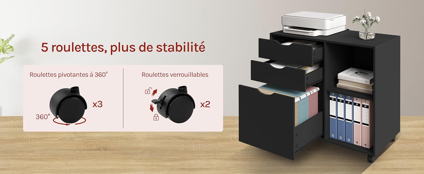 caisson bureau meuble rangement armoire 3 tiroirs 2 compartiments casiers ouverts 5 roulettes mobile