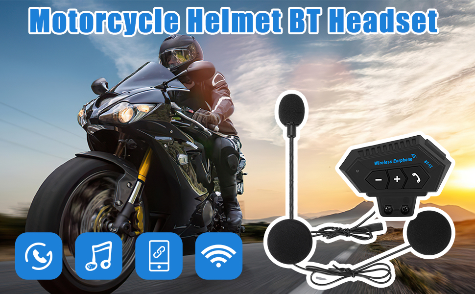 pour casque de moto avec composants de casque sans fil et interface affichant les fonctionnalités d'appel, de musique et de connectivité.