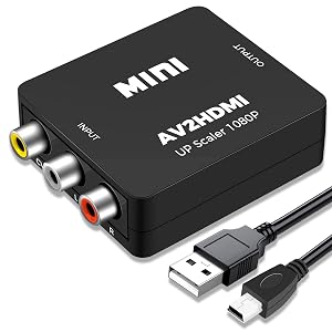 Resolución mejorada a 1080p. Dispositivo negro con puertos de entrada/salida, cable de alimentación USB y cable HDMI incluidos.