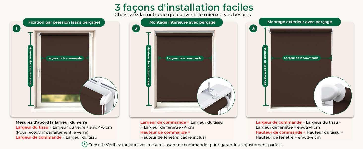 Le texte se lit comme suit : « 3 Façons d'installer Faciles ». Guide d'installation de trois panneaux présentant les options de montage des panneaux solaires avec des schémas numérotés étape par étape (1, 2, 3) et les composants matériels d'accompagnement pour l'installation.