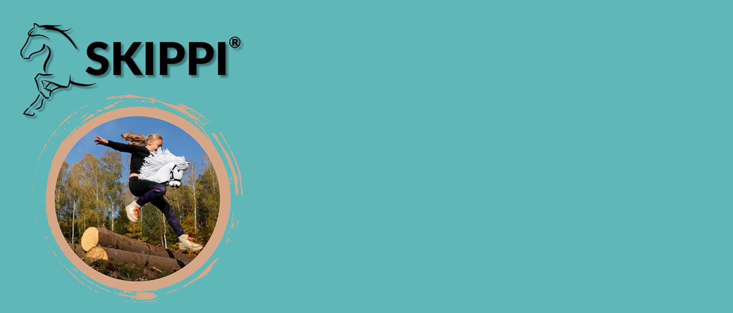 Skippi logo featuring a stylized horse silhouette, alongside a circular image of a person jumping outdoors, set against a teal background.