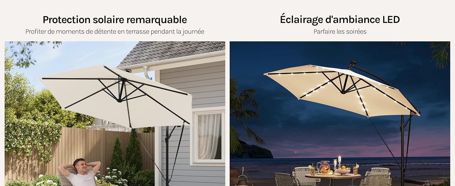 Le texte indique « Protection solaire remarquable » et « Éclairage d'ambiance LED ». Série de parasols extérieurs présentant différentes conditions d'éclairage, avec éclairage LED intégré et protection solaire.