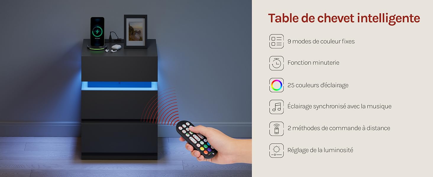 Le texte indique « Table de chevet intelligente ». Vitrine de produits de table de chevet intelligente dotée de multiples icônes de fonction et de fonctionnalités de contrôle à distance.