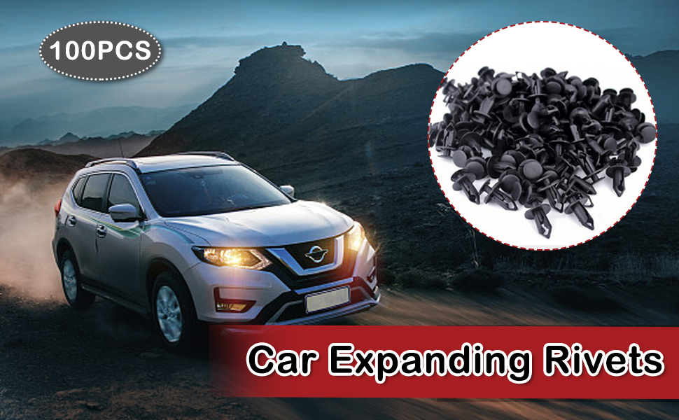 Car expanding rivets product advertisement showing SUV at dusk against mountain backdrop, with circular inset of black plastic automotive rivets. Package contains 100 pieces.