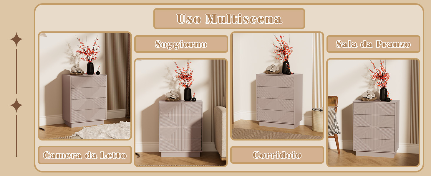 Foto dimostrative sequenziali del prodotto che mostrano una lampada o una lampada decorativa nei toni del marrone/beige, visualizzata su quelli che sembrano essere mobili in legno.