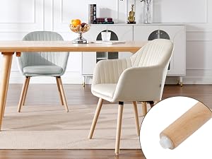 con mesa de madera y tres sillas tapizadas. Se ven dos sillas grises y una silla blanca. El recuadro muestra el detalle de las patas de una silla de madera