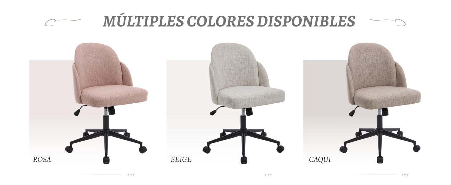 Expositor de sillas de oficina en varios colores, incluidos blanco, gris y beige, mostradas desde diferentes ángulos.