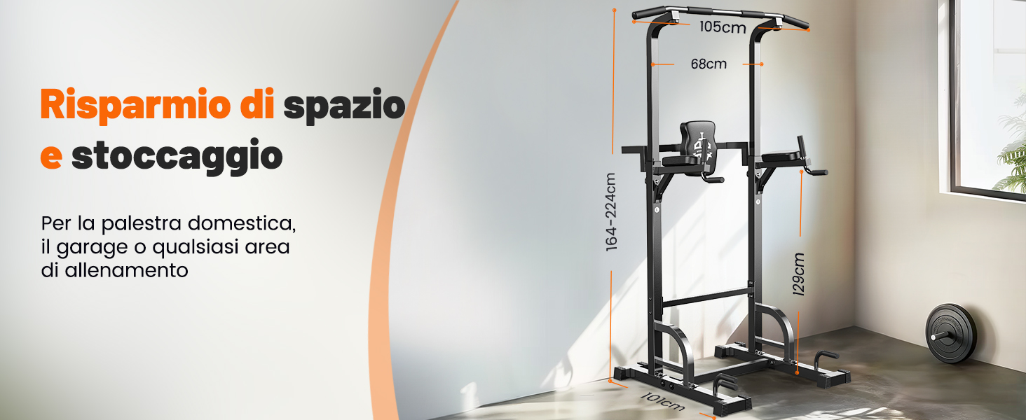Il testo recita «Risparmio di spazio» e «stoccaggio». Allestimento interno della palestra con attrezzi ginnici montati a parete e soluzioni di archiviazione in uno spazio minimalista.