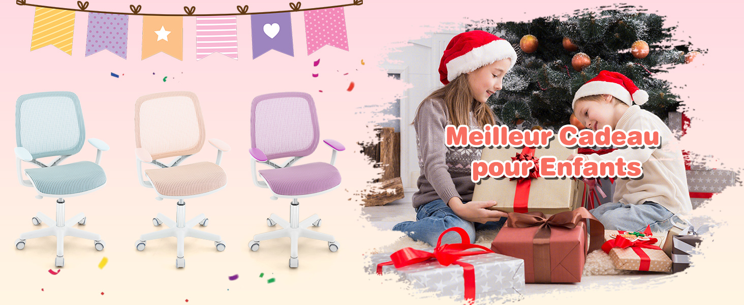 Publicité sur le thème des fêtes présentant des illustrations de chaises pastel, des bannières décoratives et des cadeaux emballés avec un texte en français sur les produits pour enfants