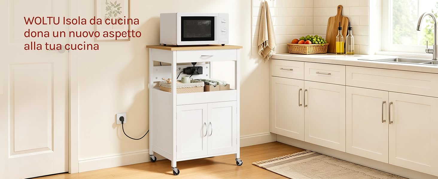 Il testo recita «WOLTU isola da cucina dona un nuovo aspetto alla tua cucina». Isola da cucina mobile bianca con ripiani, ruote e piano di lavoro in color crema da cucina.